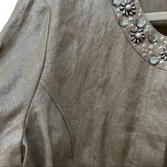 Chico’s 100% Linen Taupe Metallic Open Front Jacket Jeweled Neckline Sz S - Picture 8 of 11